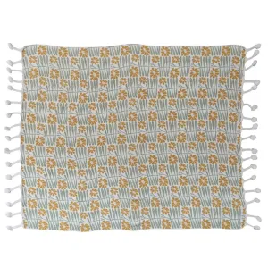 Woven Printed Floral Throw with Pom Poms