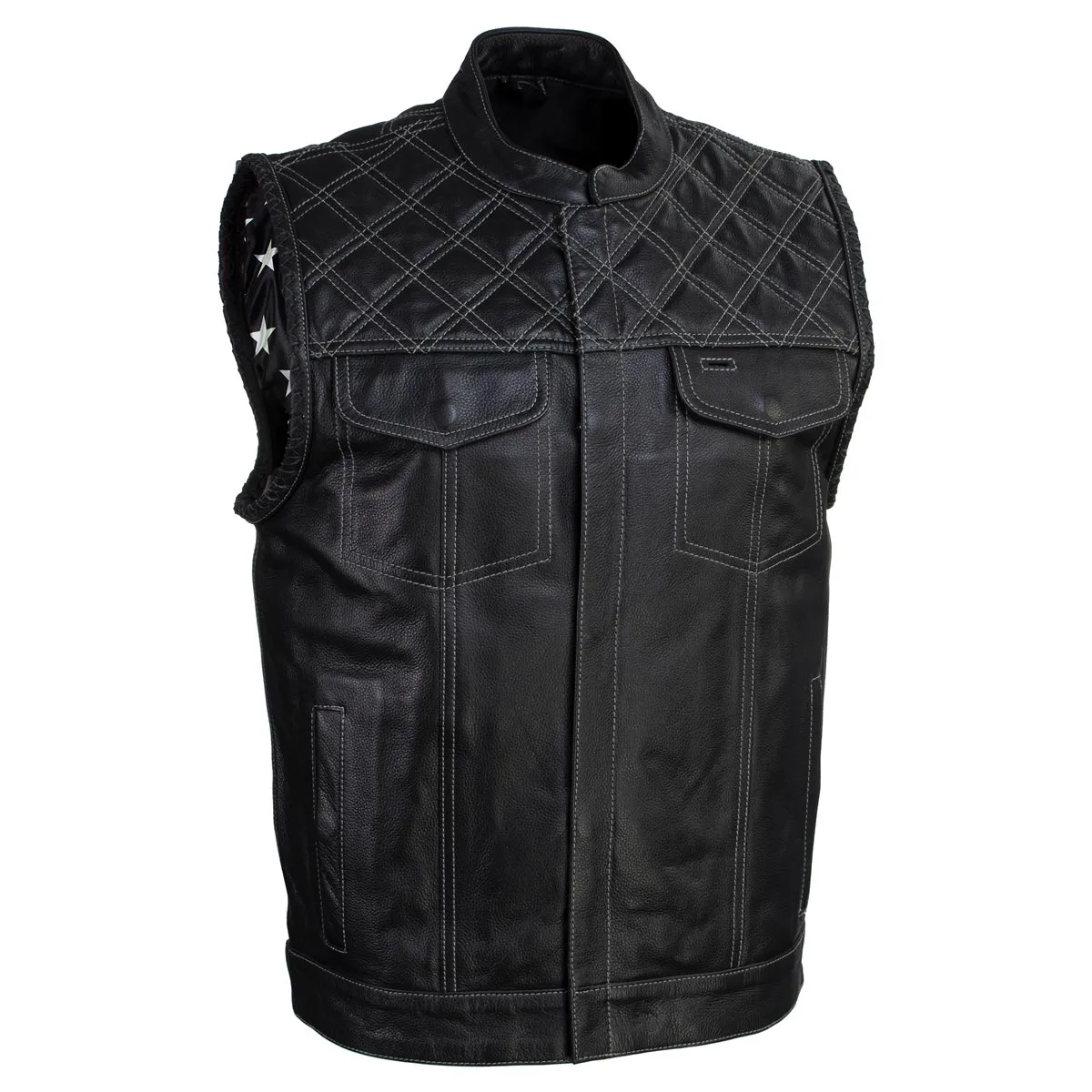 Xelement Men's Black Leather Motorcycle Vest Stars and Stripes Design