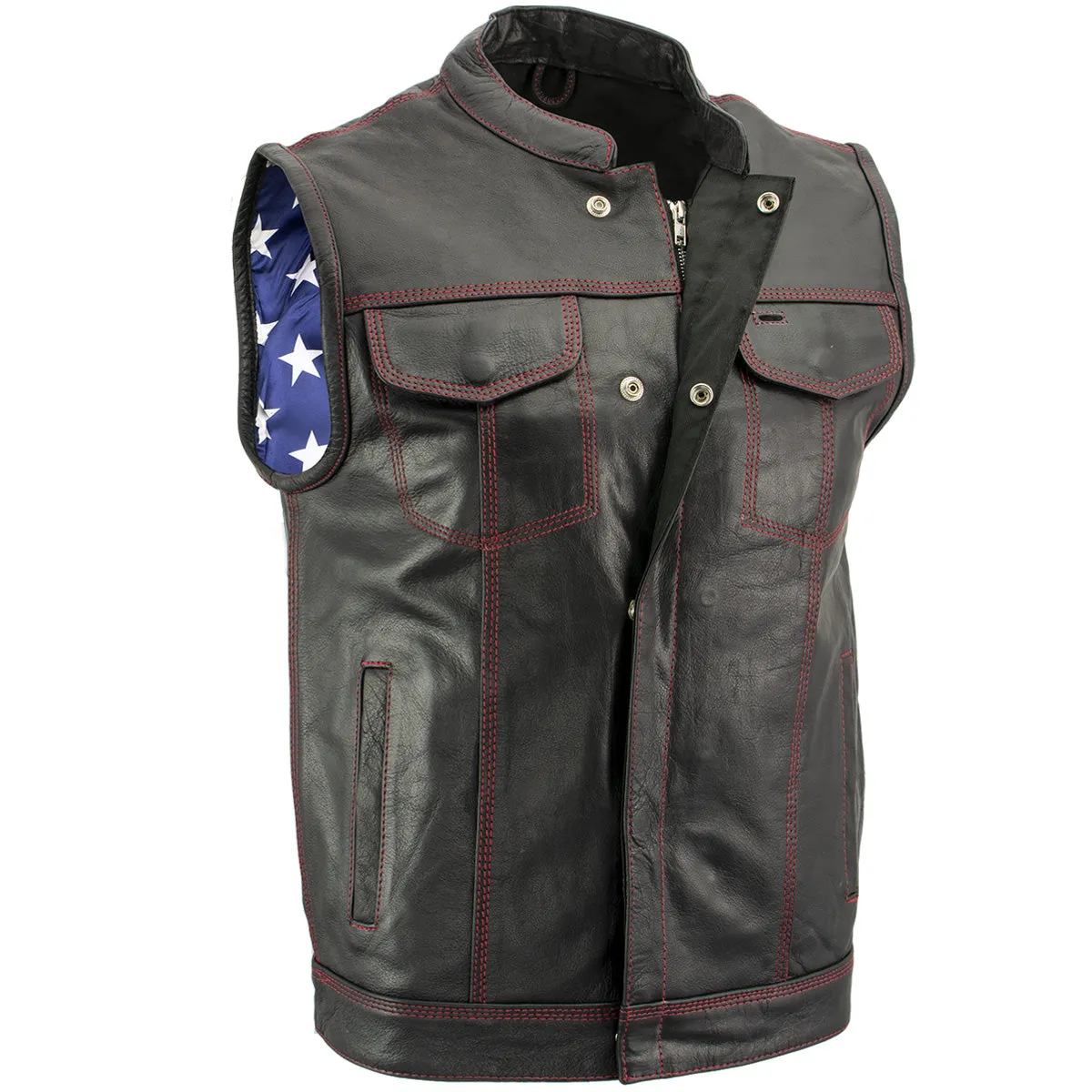 Xelement XS6665 Men's 'Old Glory' Black Leather Motorcycle Vest w/ Red