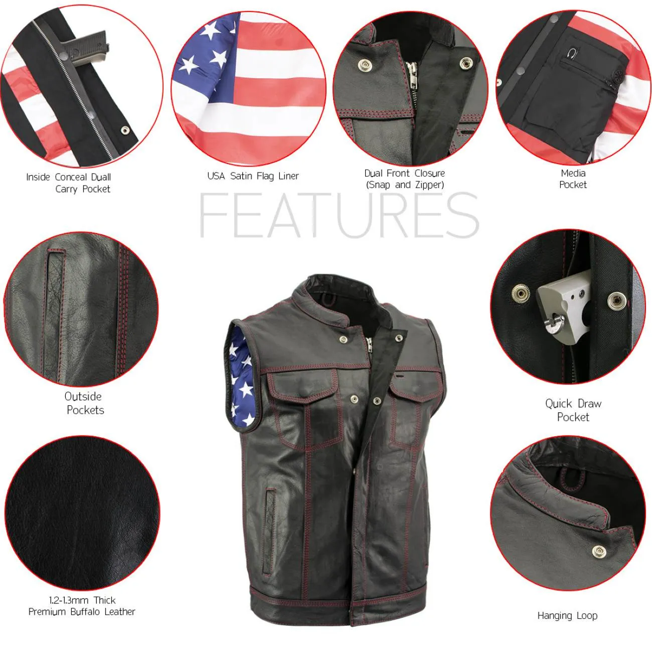 Xelement XS6665 Men's 'Old Glory' Black Leather Motorcycle Vest w/ Red