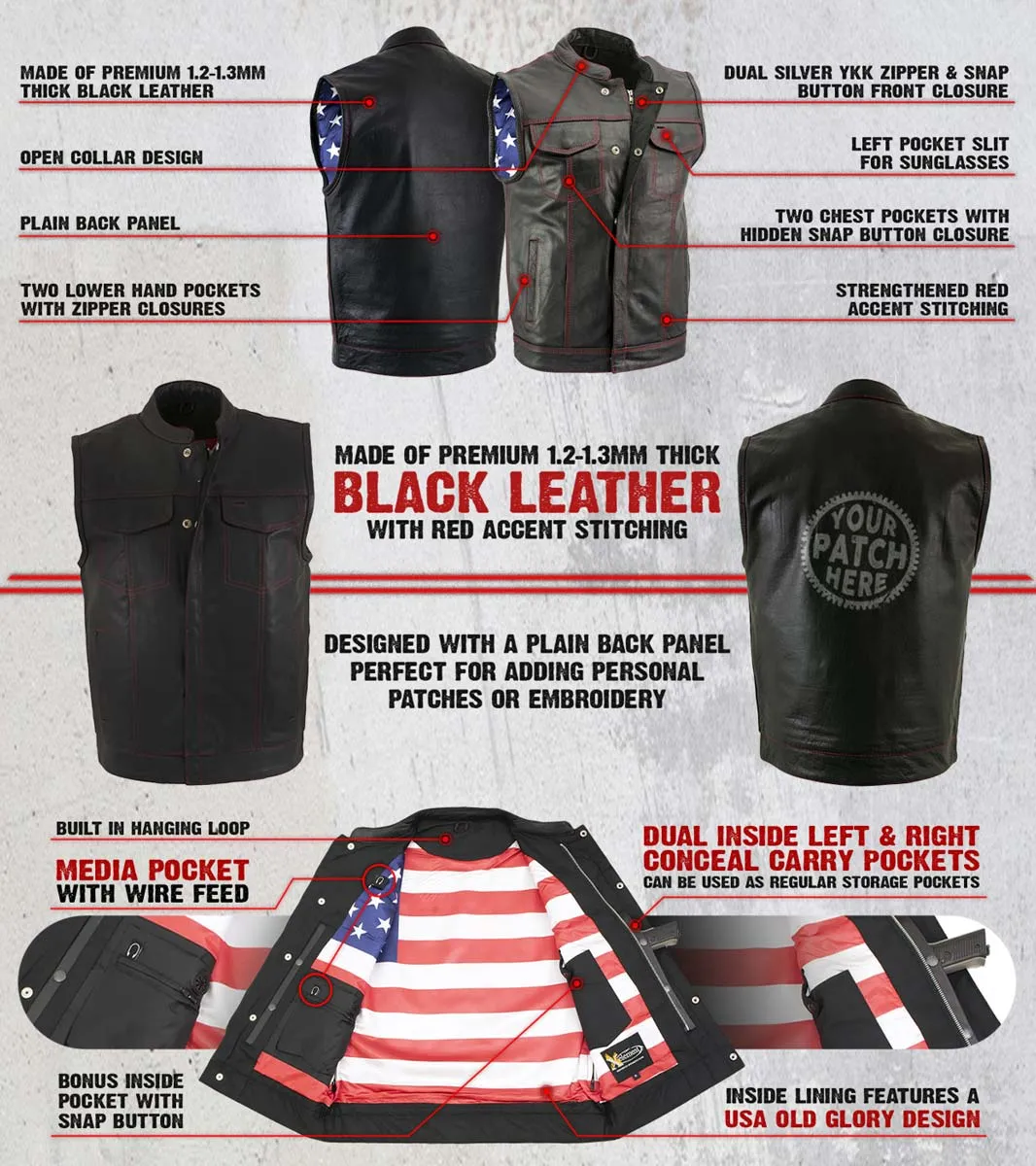 Xelement XS6665 Men's 'Old Glory' Black Leather Motorcycle Vest w/ Red